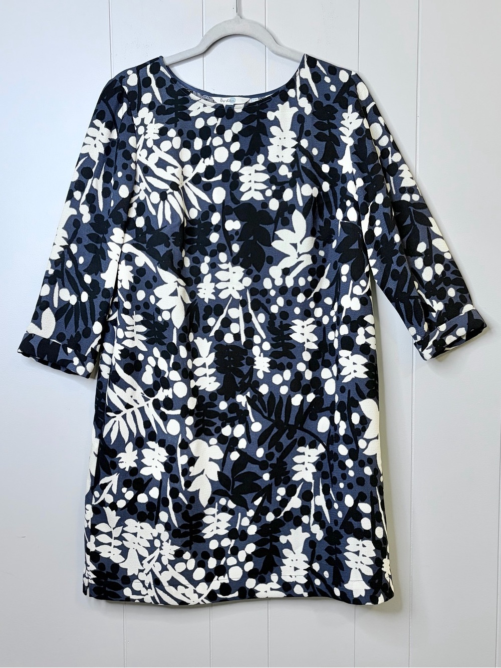 Boden Navy Cream Floral 3/4 Sleeve Shift Dress Textured Scoop Neck US 10